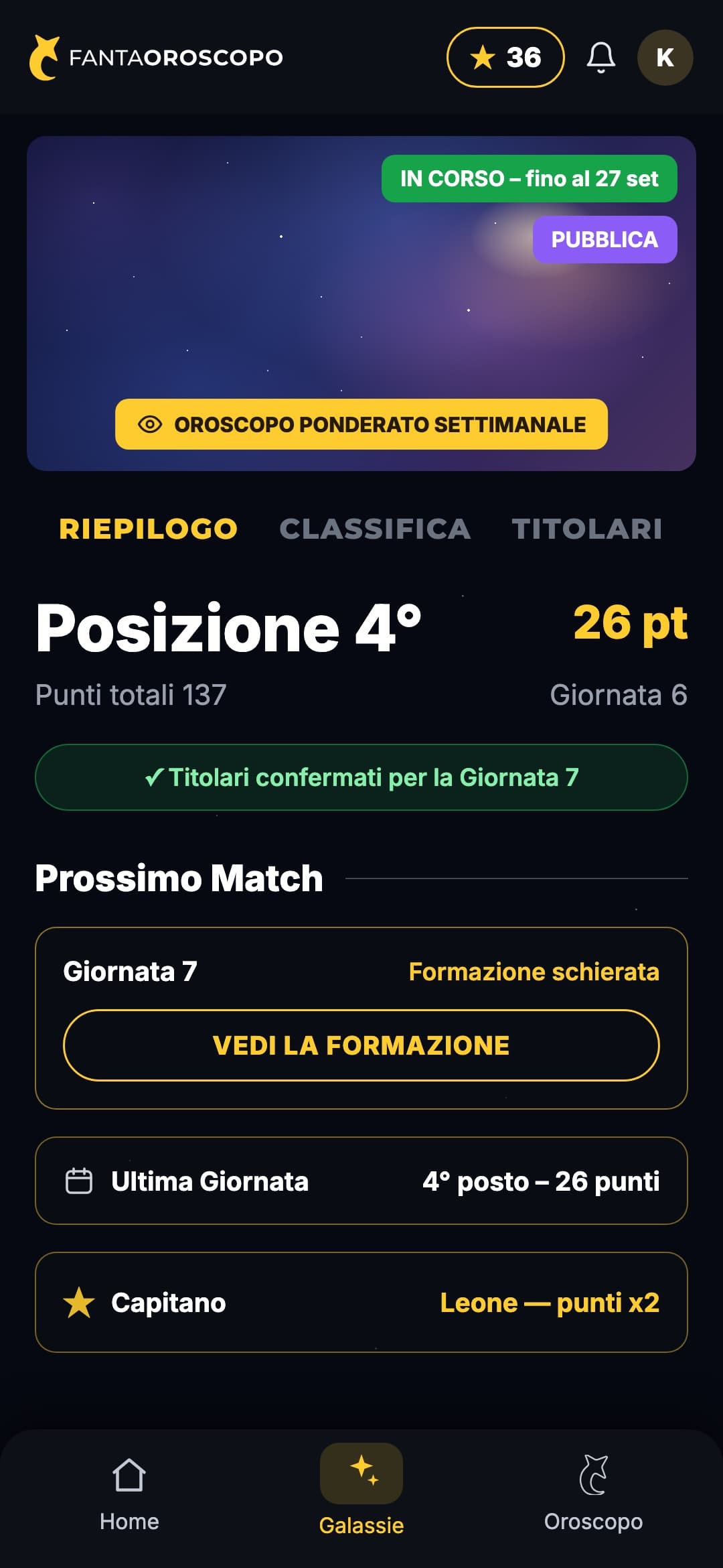 La tua posizione in classifica nella galassia