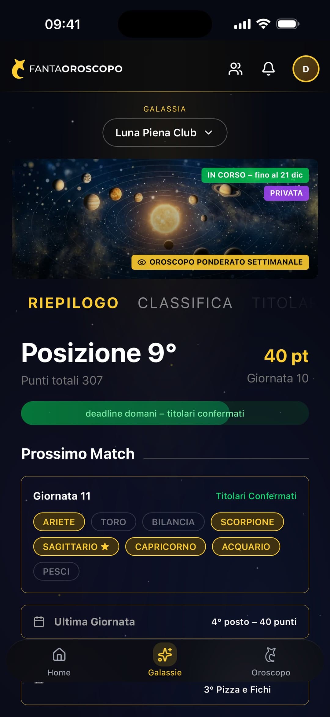 Il riepilogo della tua galassia: posizione, punti e prossimo allineamento